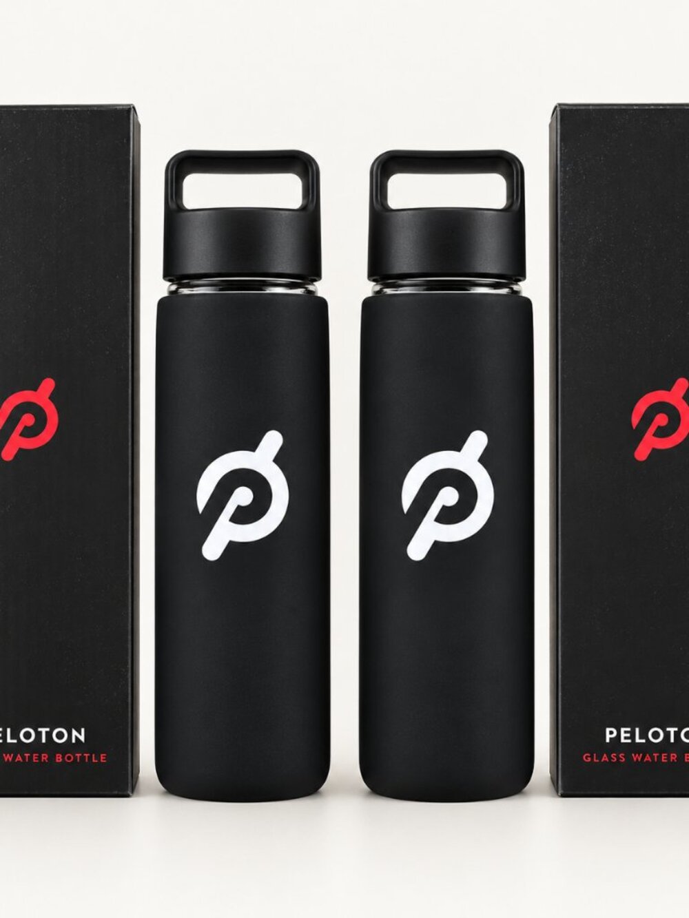 NEW PELOTON Set of 2 Black 16 oz Glass Water Bottles Original Boxes